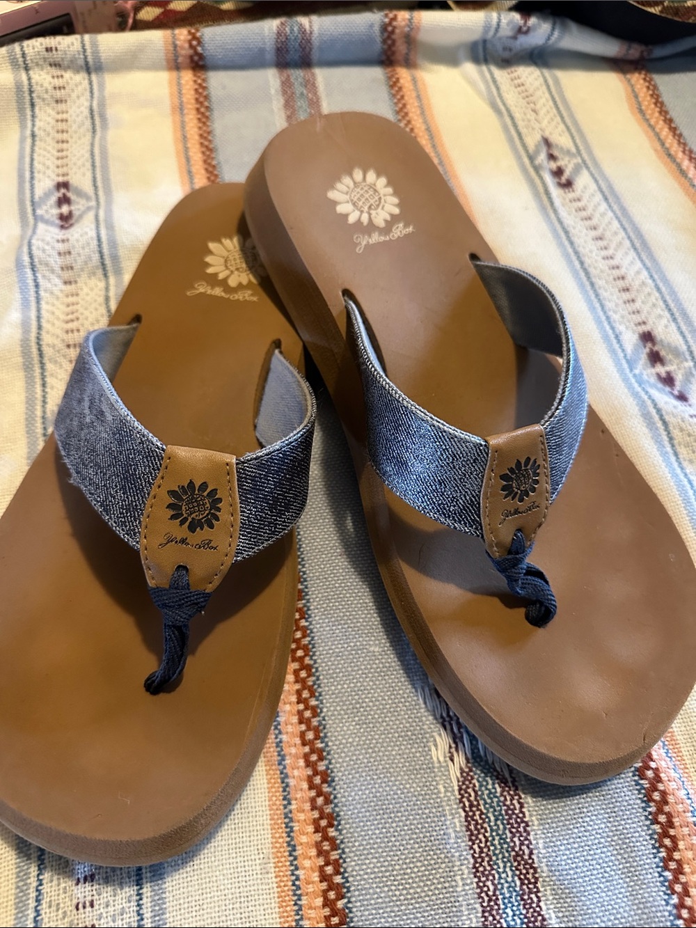 Yellow Box Brown Footbed Denim-Trim Thong Sandals
